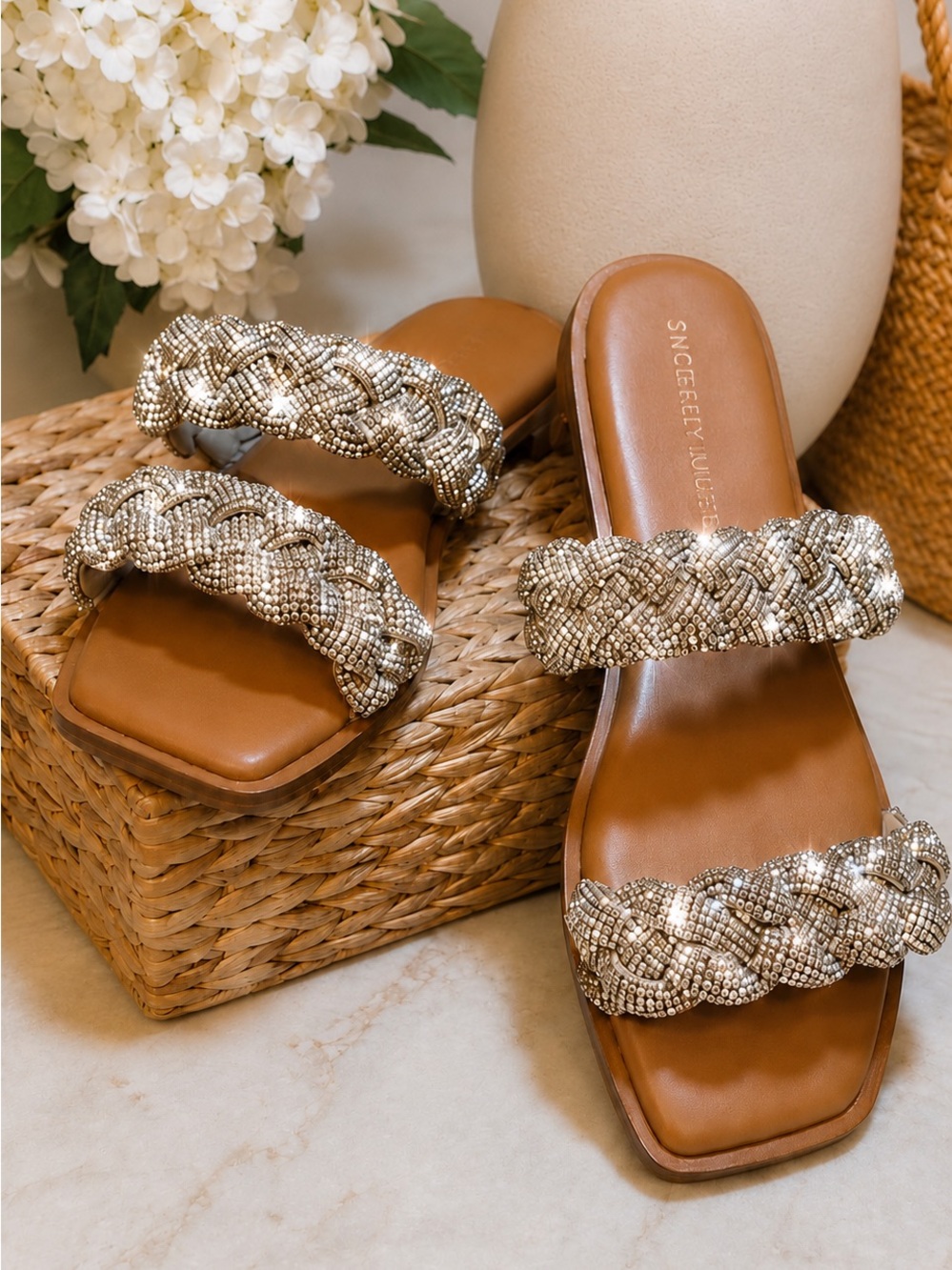 Sincerely Jules Rhinestone Braided Slide Sandals Tan Square Toe Sparkle 8.5